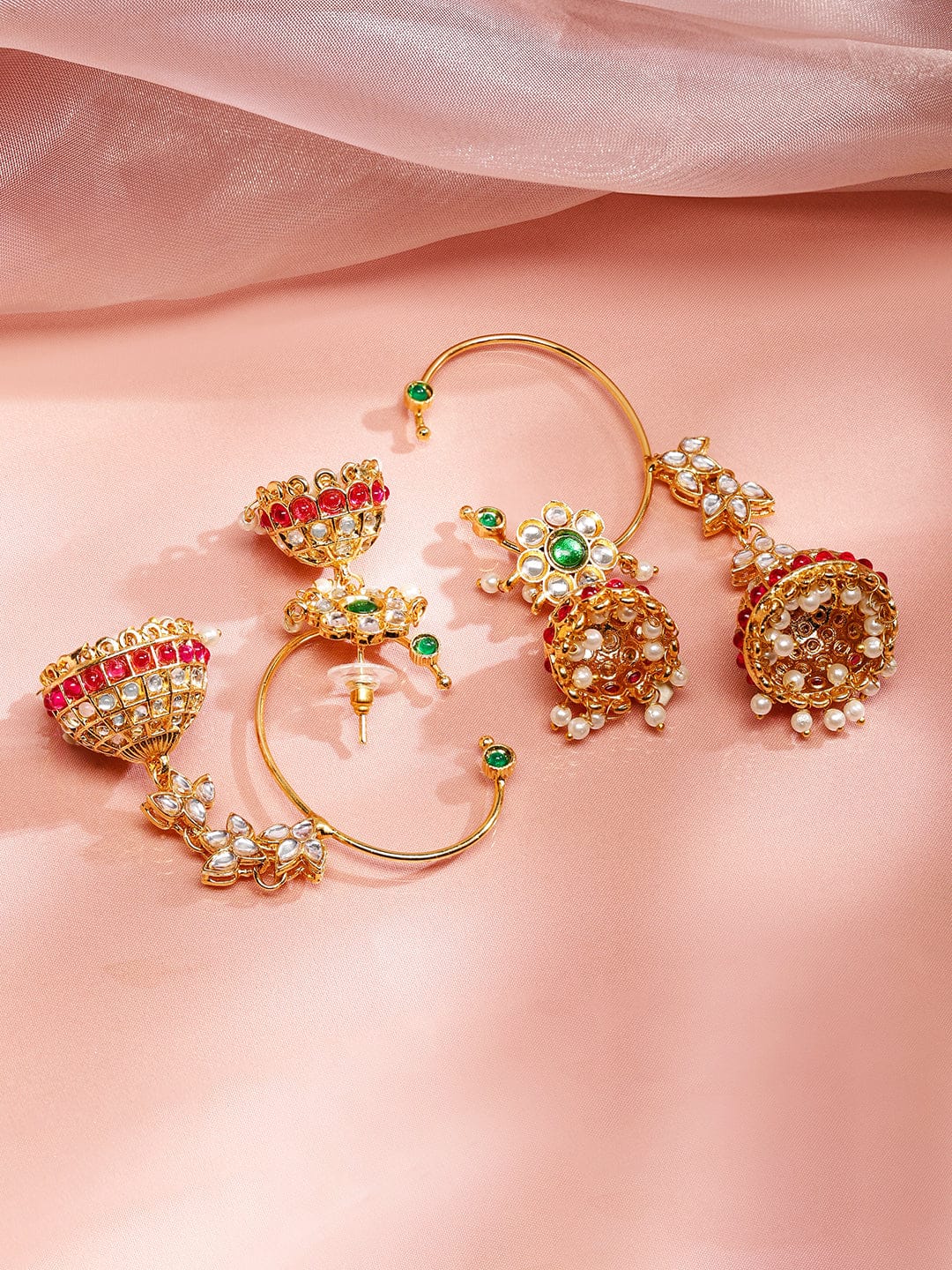 Rubans 24K Gold-Plated Emerald & Ruby Pink Kundan Studded Floral Jhumka Ear Cuff Earrings Earrings