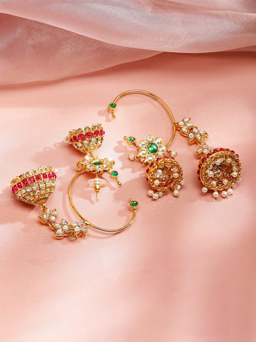 Rubans 24K Gold-Plated Emerald & Ruby Pink Kundan Studded Floral Jhumka Ear Cuff Earrings Earrings
