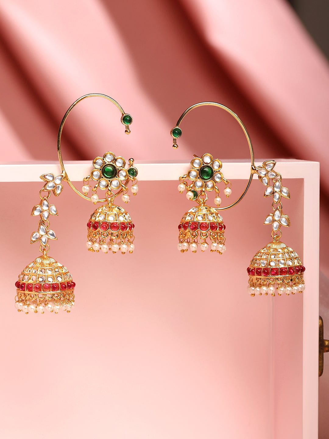 Rubans 24K Gold-Plated Emerald & Ruby Pink Kundan Studded Floral Jhumka Ear Cuff Earrings Earrings