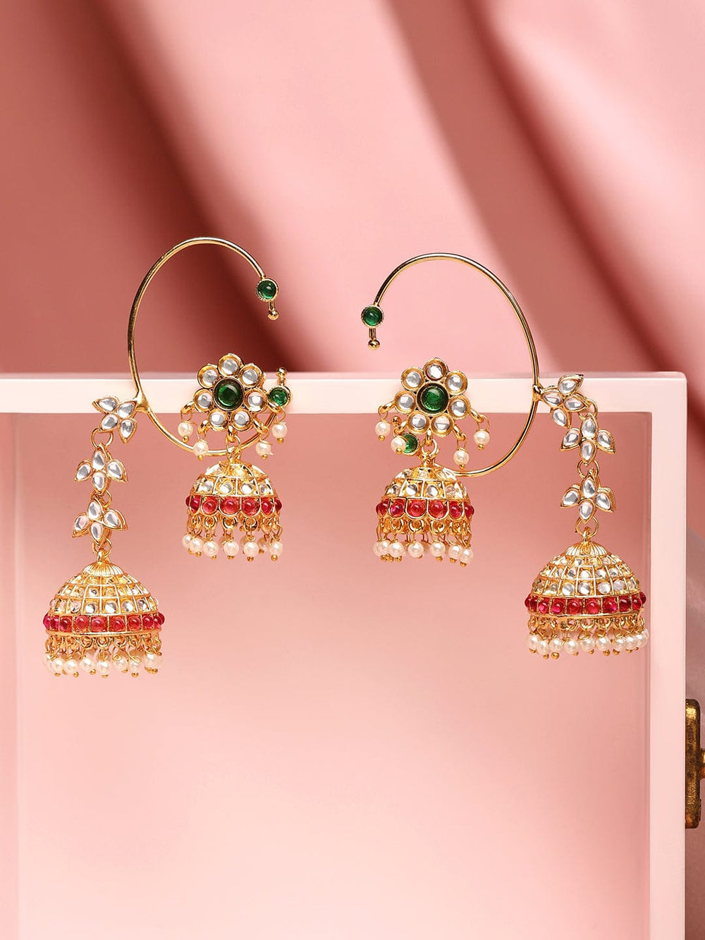 Rubans 24K Gold-Plated Emerald & Ruby Pink Kundan Studded Floral Jhumka Ear Cuff Earrings Earrings