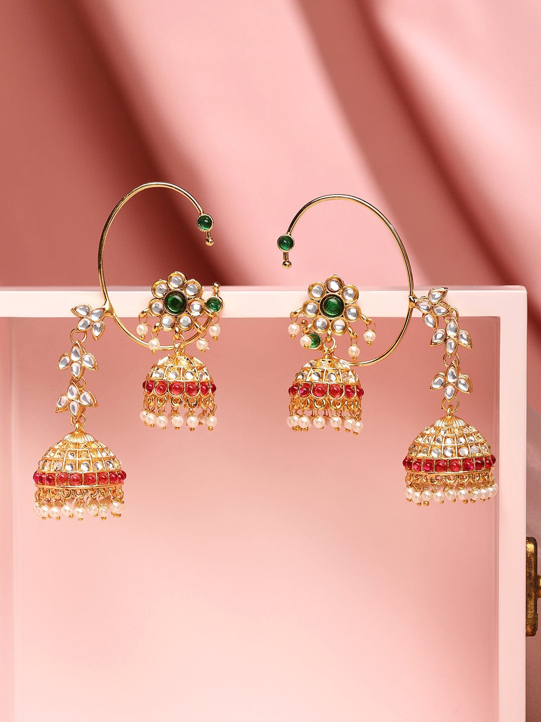 Rubans 24K Gold-Plated Emerald & Ruby Pink Kundan Studded Floral Jhumka Ear Cuff Earrings Earrings