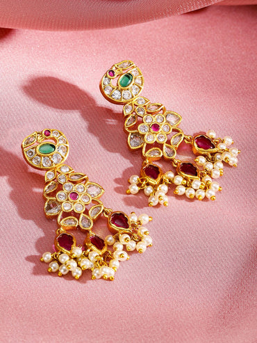 Rubans 24K Gold-Plated Emerald & Ruby Studded Pearl Beaded Handcrafted Choker Necklace Set Jewellery Set