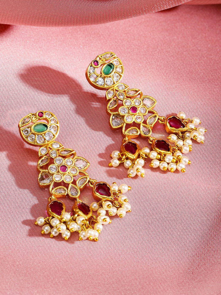 Rubans 24K Gold-Plated Emerald & Ruby Studded Pearl Beaded Handcrafted Choker Necklace Set Jewellery Set