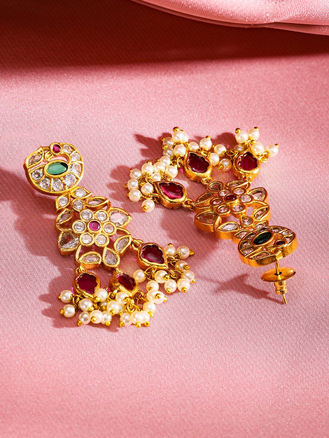 Rubans 24K Gold-Plated Emerald & Ruby Studded Pearl Beaded Handcrafted Choker Necklace Set Jewellery Set