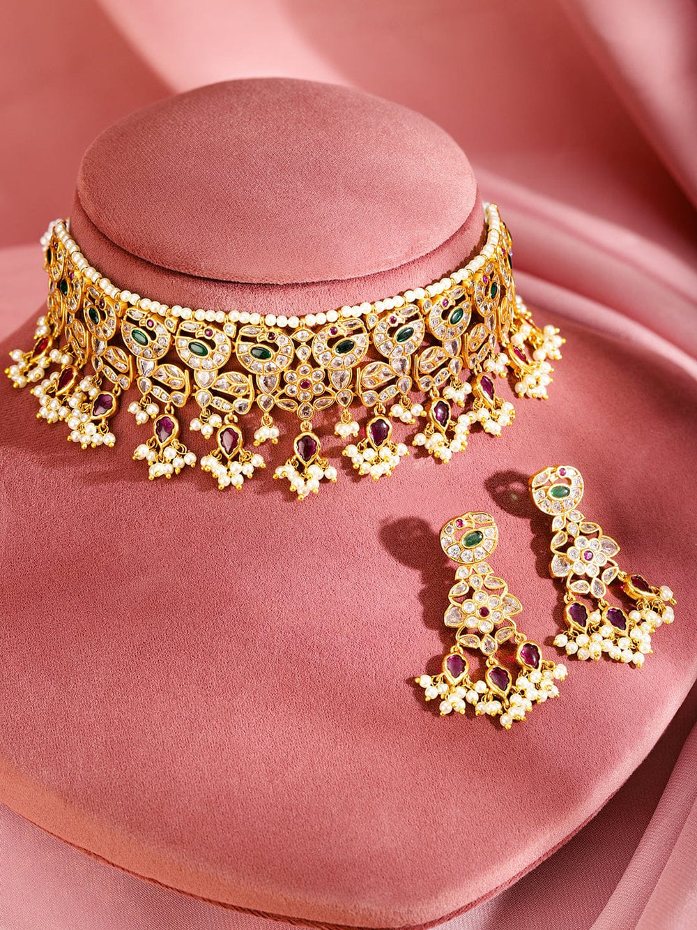 Rubans 24K Gold-Plated Emerald & Ruby Studded Pearl Beaded Handcrafted Choker Necklace Set Jewellery Set