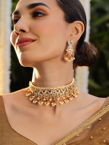 Rubans 24K Gold-Plated Emerald & Ruby Studded Pearl Beaded Handcrafted Choker Necklace Set Necklace set