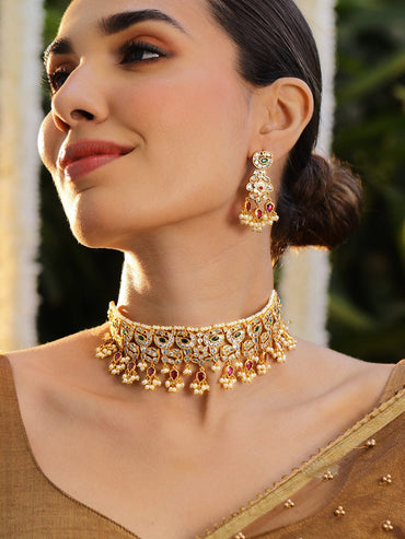 Rubans 24K Gold-Plated Emerald & Ruby Studded Pearl Beaded Handcrafted Choker Necklace Set Necklace set