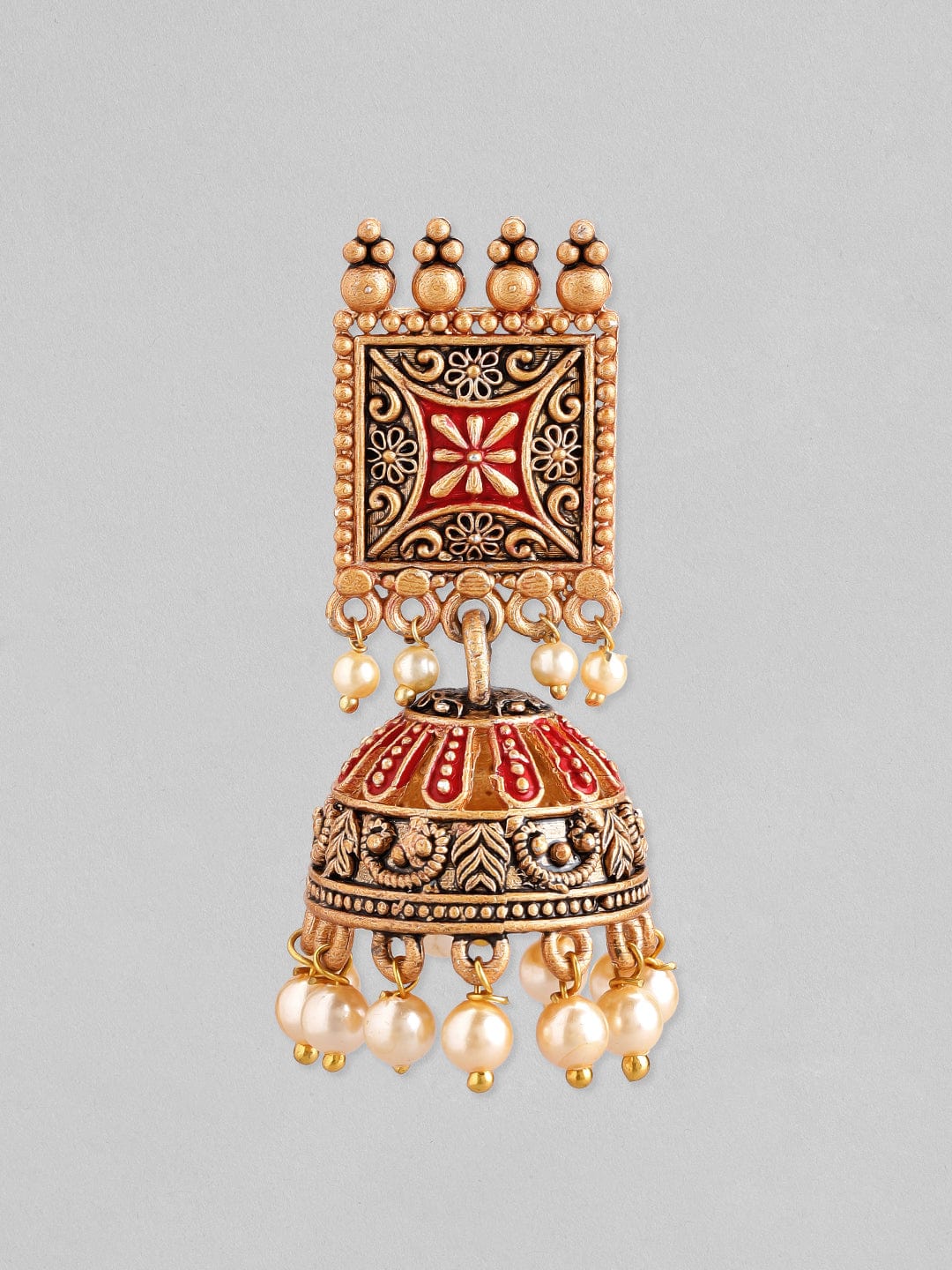 Rubans 24K Gold Plated Enamel Handpainted & White Beaded Filigree Jhumka Earrings Earrings