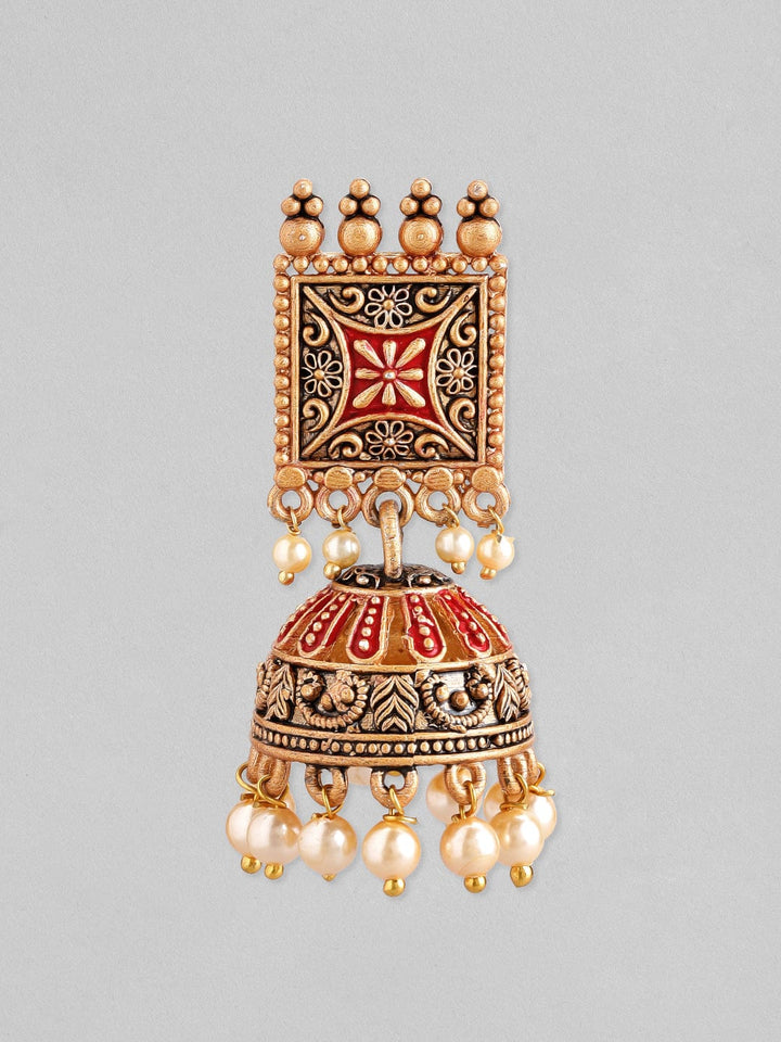 Rubans 24K Gold Plated Enamel Handpainted & White Beaded Filigree Jhumka Earrings Earrings