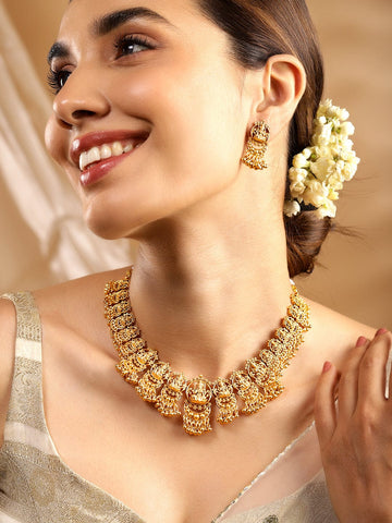 Rubans 24K Gold Plated Goddess Lakshmi Motif Handcrafted Traditional Temple Jewellery Set Necklaces, Necklace Sets, Chains & Mangalsutra