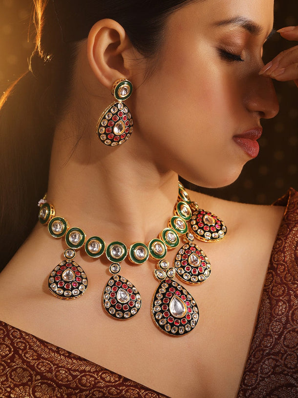 Rubans 24K Gold-Plated Green & Black Enamel Border Ruby Pink & White Kundan Necklace Set Necklace Set
