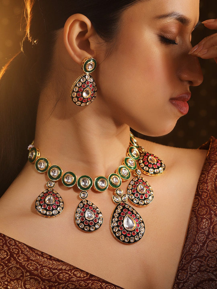 Rubans 24K Gold-Plated Green & Black Enamel Border Ruby Pink & White Kundan Necklace Set Necklace Set