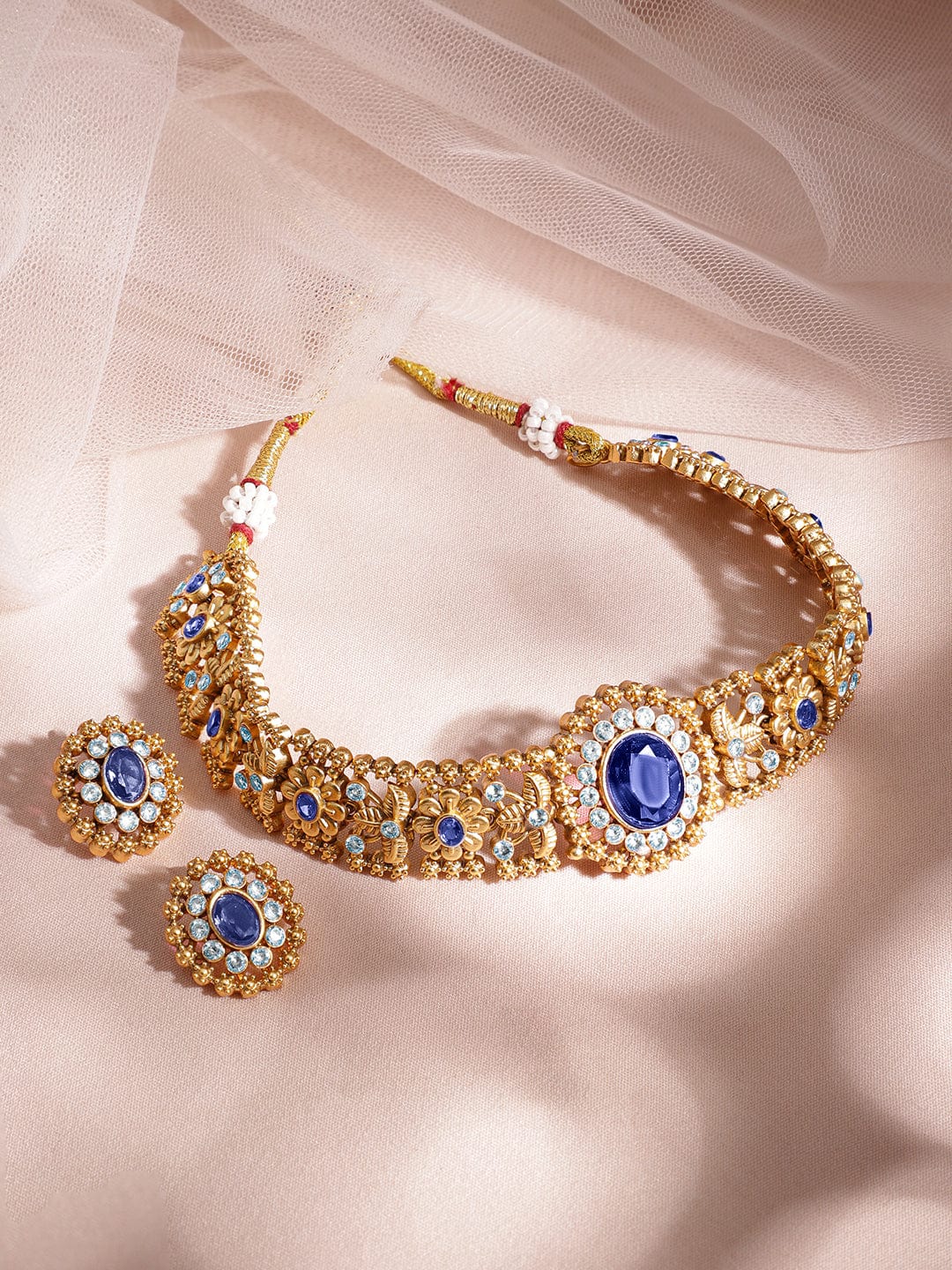 Rubans 24K Gold Plated Handcrafted Blue Sapphire & White Cubic Zirconia Studded Choker Set Jewellery Set