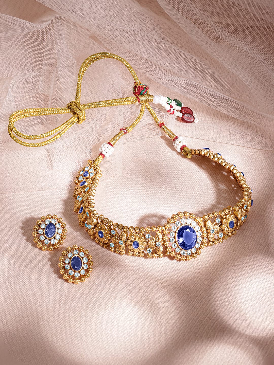 Rubans 24K Gold Plated Handcrafted Blue Sapphire & White Cubic Zirconia Studded Choker Set Jewellery Set