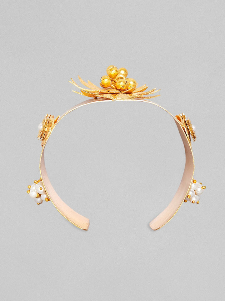 Rubans 24K gold plated Handcrafted Broad Handcuff With Floral Design And Golden Beads Bangles & Bracelets