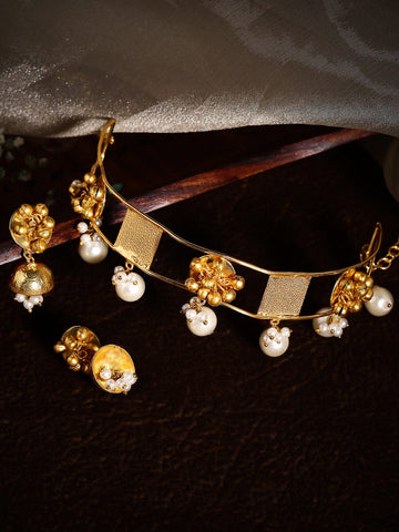 Rubans 24K Gold Plated Handcrafted Choker Set With Pearls, Square And Floral Design Necklace Set