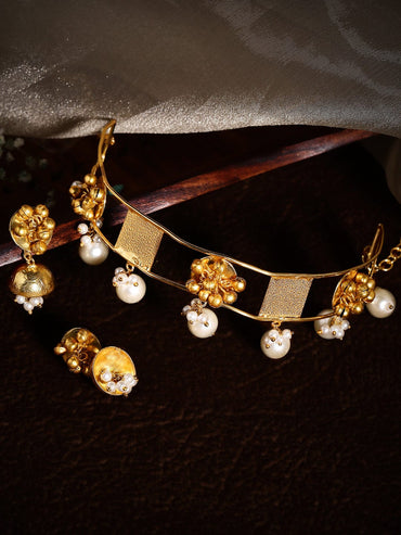 Rubans 24K Gold Plated Handcrafted Choker Set With Pearls, Square And Floral Design Necklace Set
