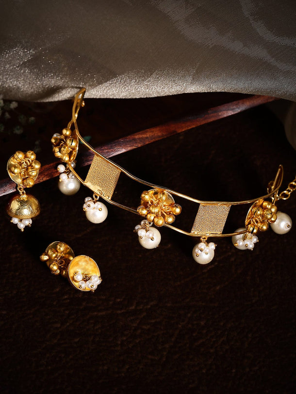 Rubans 24K Gold Plated Handcrafted Choker Set With Pearls, Square And Floral Design Necklace Set