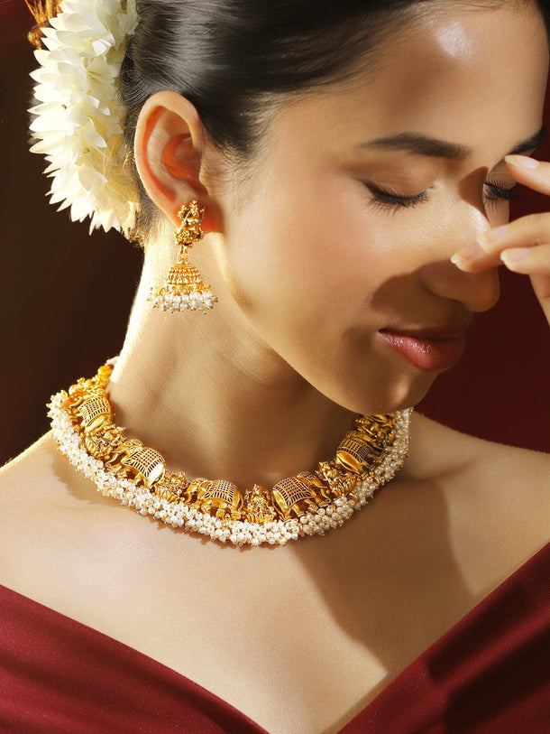 Rubans 24K Gold Plated Handcrafted Divine Lakshmi Temple Jewelry Set with White Pearl Bead Necklace Set