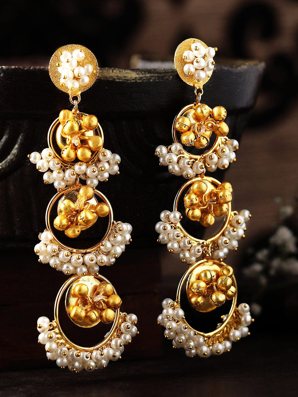 Rubans 24K Gold Plated Handcrafted Drop Earrings With Circular Design, Pearls And Beads Earrings