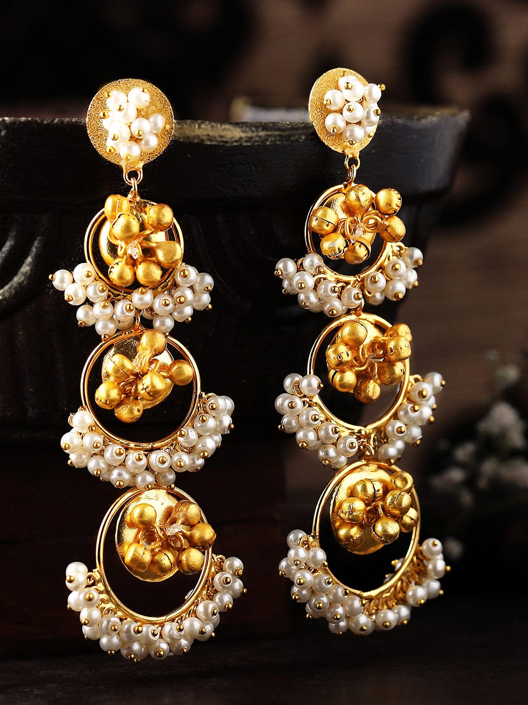 Rubans 24K Gold Plated Handcrafted Drop Earrings With Circular Design, Pearls And Beads Earrings