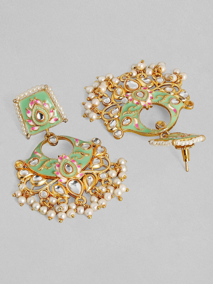 Rubans 24K Gold Plated Handcrafted Enamel & Kundan with Pearls Chand Bali Earrings Earrings