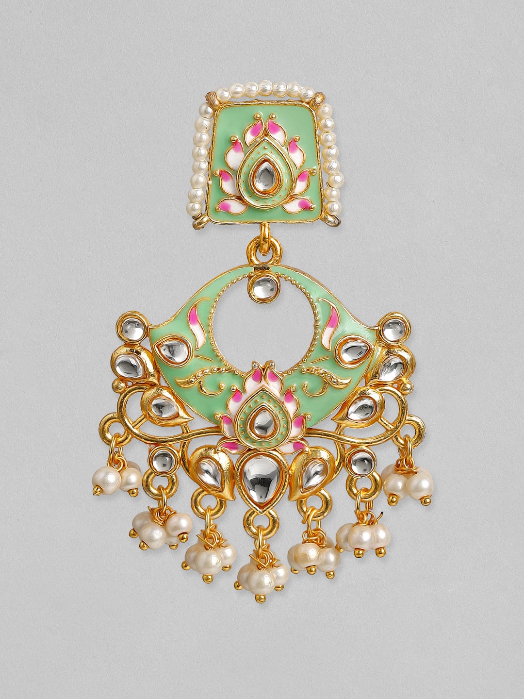 Rubans 24K Gold Plated Handcrafted Enamel & Kundan with Pearls Chand Bali Earrings Earrings