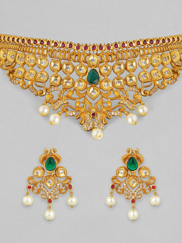 Rubans 24K Gold Plated Handcrafted Faux Emerald Traditional Choker Set Necklace Set