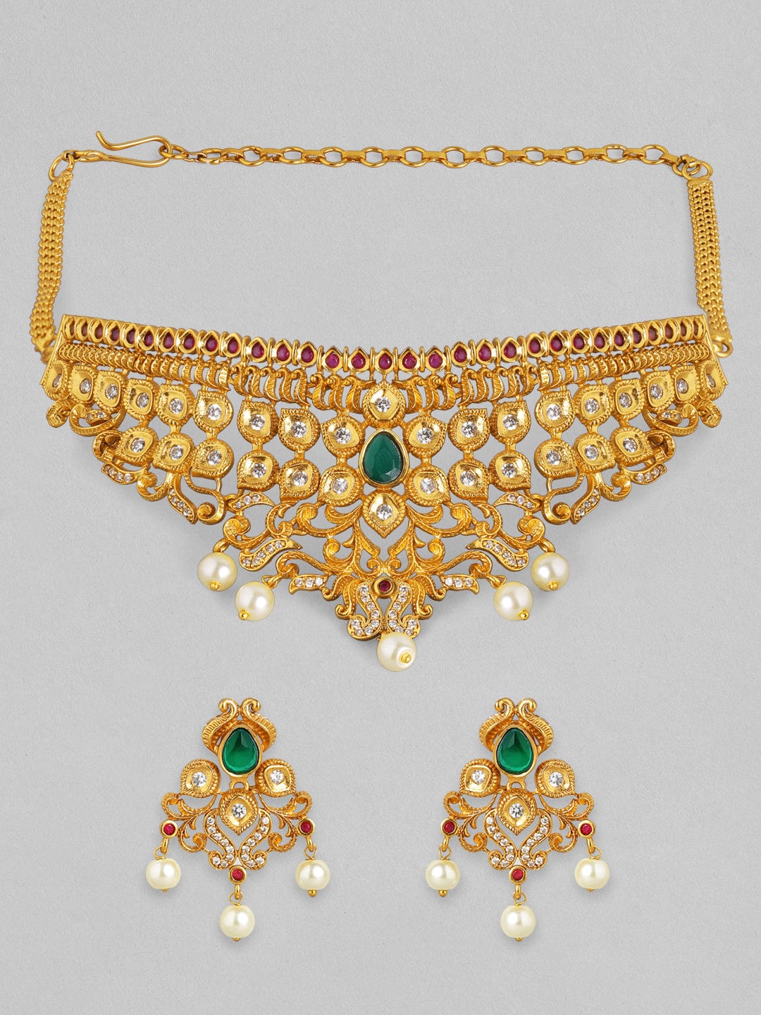 Rubans 24K Gold Plated Handcrafted Faux Emerald Traditional Choker Set Necklace Set