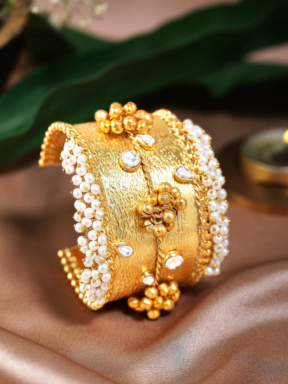 Rubans 24K Gold Plated Handcrafted Handcuff With Kundan, Pearls & Golden Beads Bangles & Bracelets