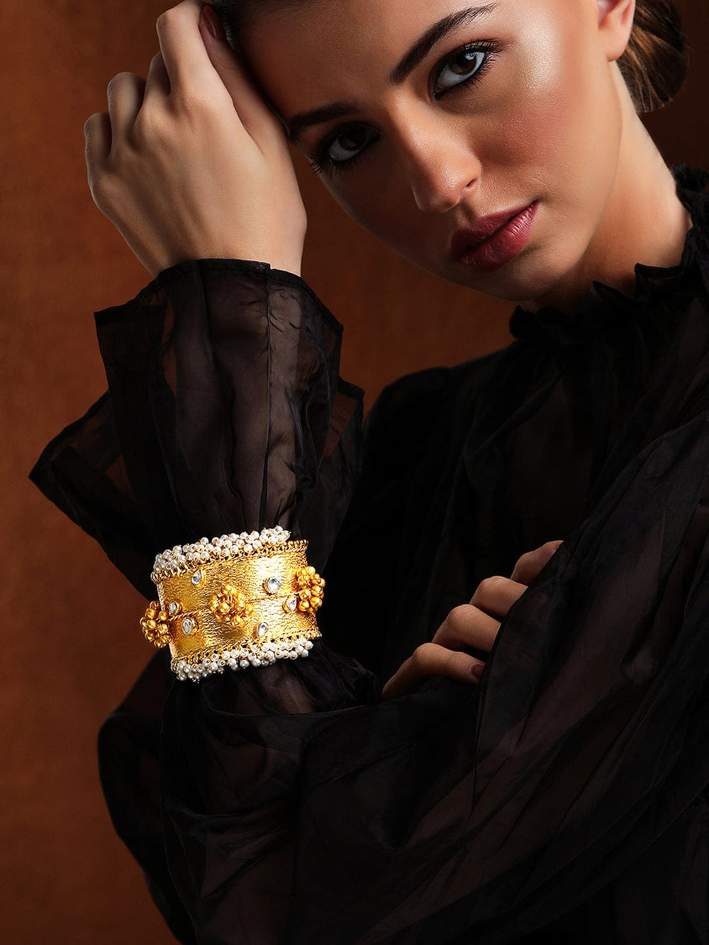 Rubans 24K Gold Plated Handcrafted Handcuff With Kundan, Pearls & Golden Beads Bangles & Bracelets