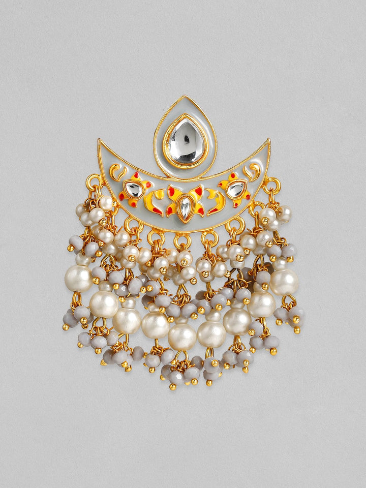 Rubans 24K Gold Plated Handcrafted Kundan & Enamel with White Pearls Chand Bali Earrings Earrings