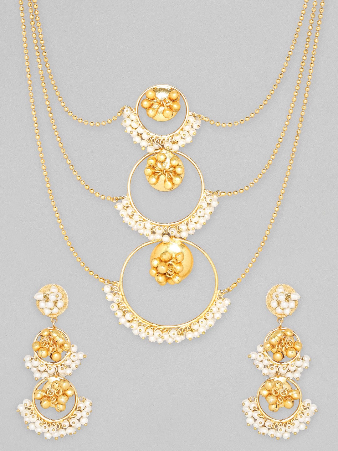 Rubans 24K Gold Plated Handcrafted Layered Necklace Set With Pearls And Floral Design Necklace Set