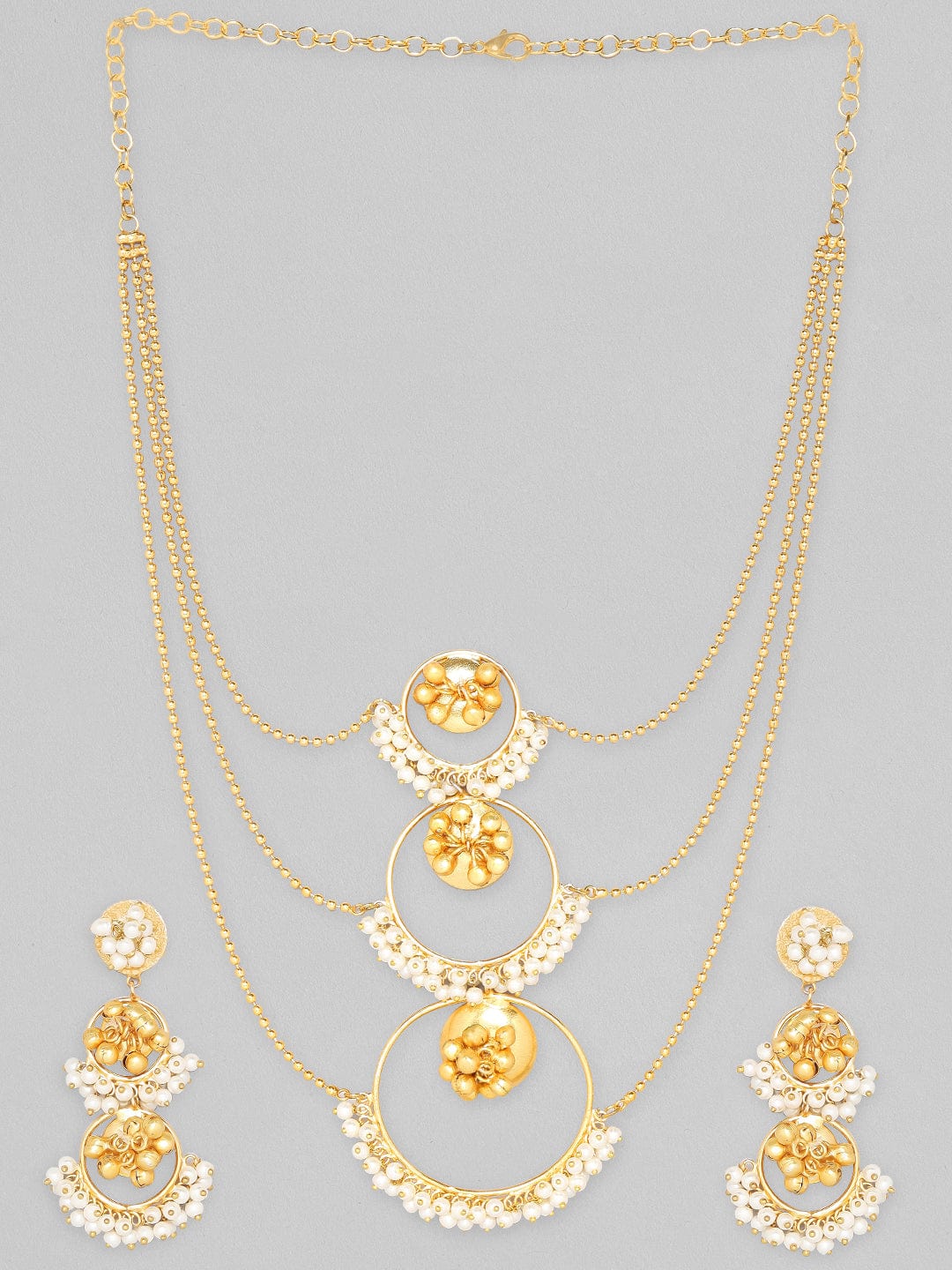 Rubans 24K Gold Plated Handcrafted Layered Necklace Set With Pearls And Floral Design Necklace Set