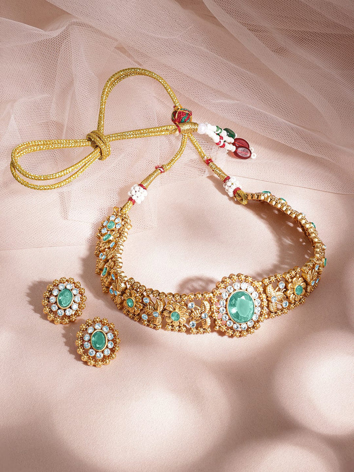 Rubans 24K Gold Plated Handcrafted Mint Green & White Cubic Zirconia Studded Choker Set Jewellery Set