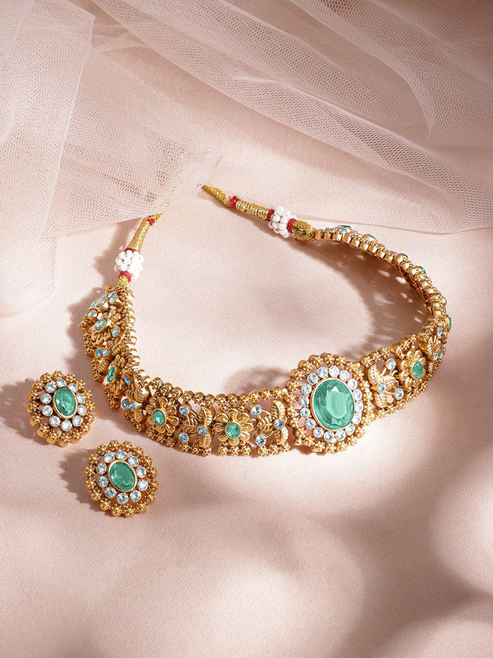 Rubans 24K Gold Plated Handcrafted Mint Green & White Cubic Zirconia Studded Choker Set Jewellery Set