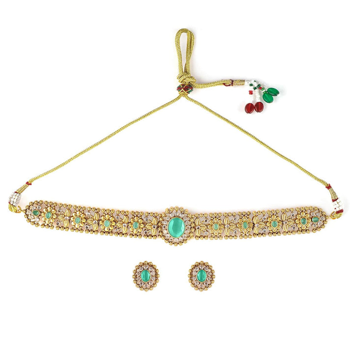 Rubans 24K Gold Plated Handcrafted Mint Green & White Cubic Zirconia Studded Choker Set Jewellery Set