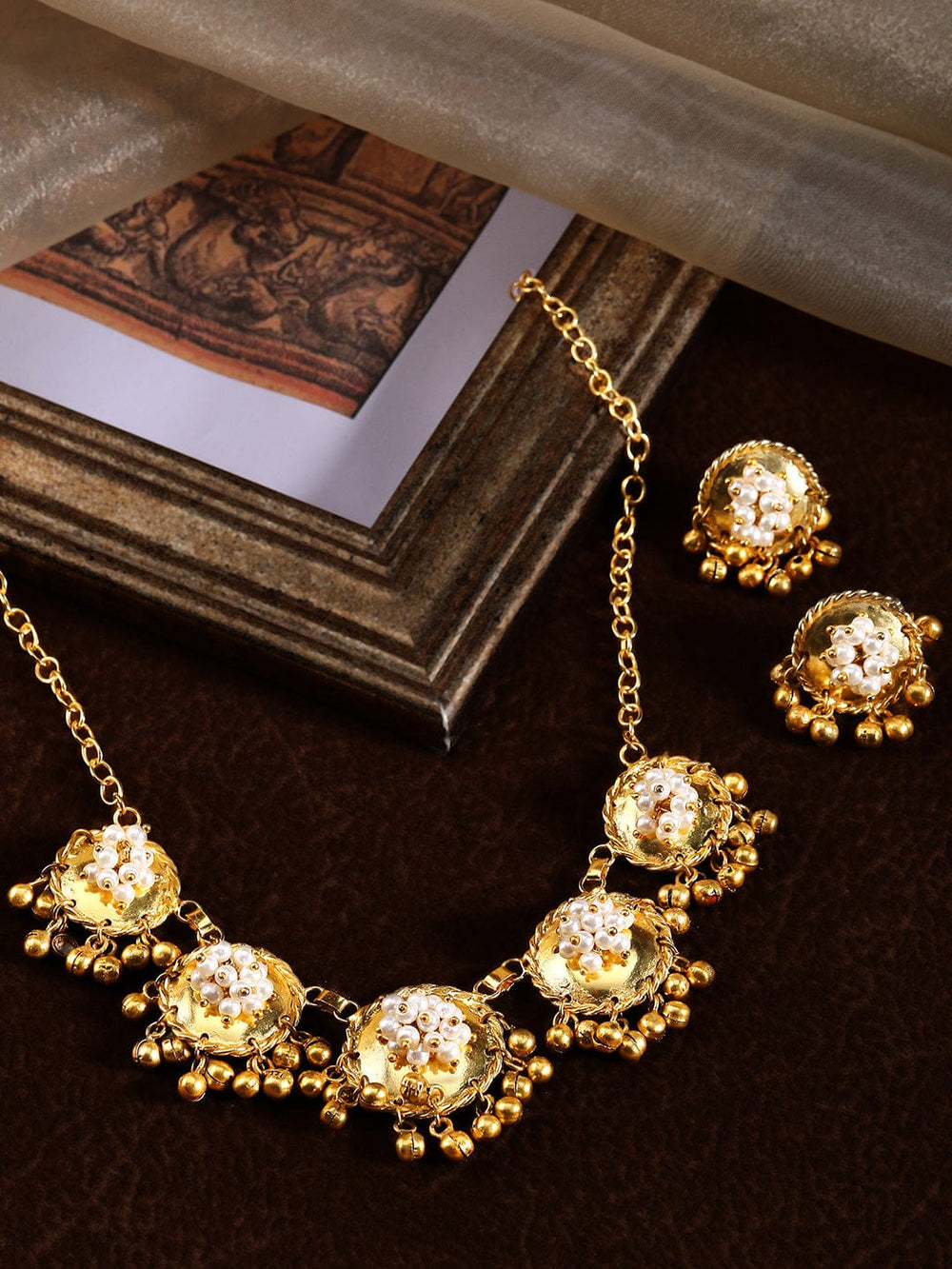 Rubans 24K Gold Plated Handcrafted Necklace Set With Circular Design, Pearls & Golden Beads. Necklace Set