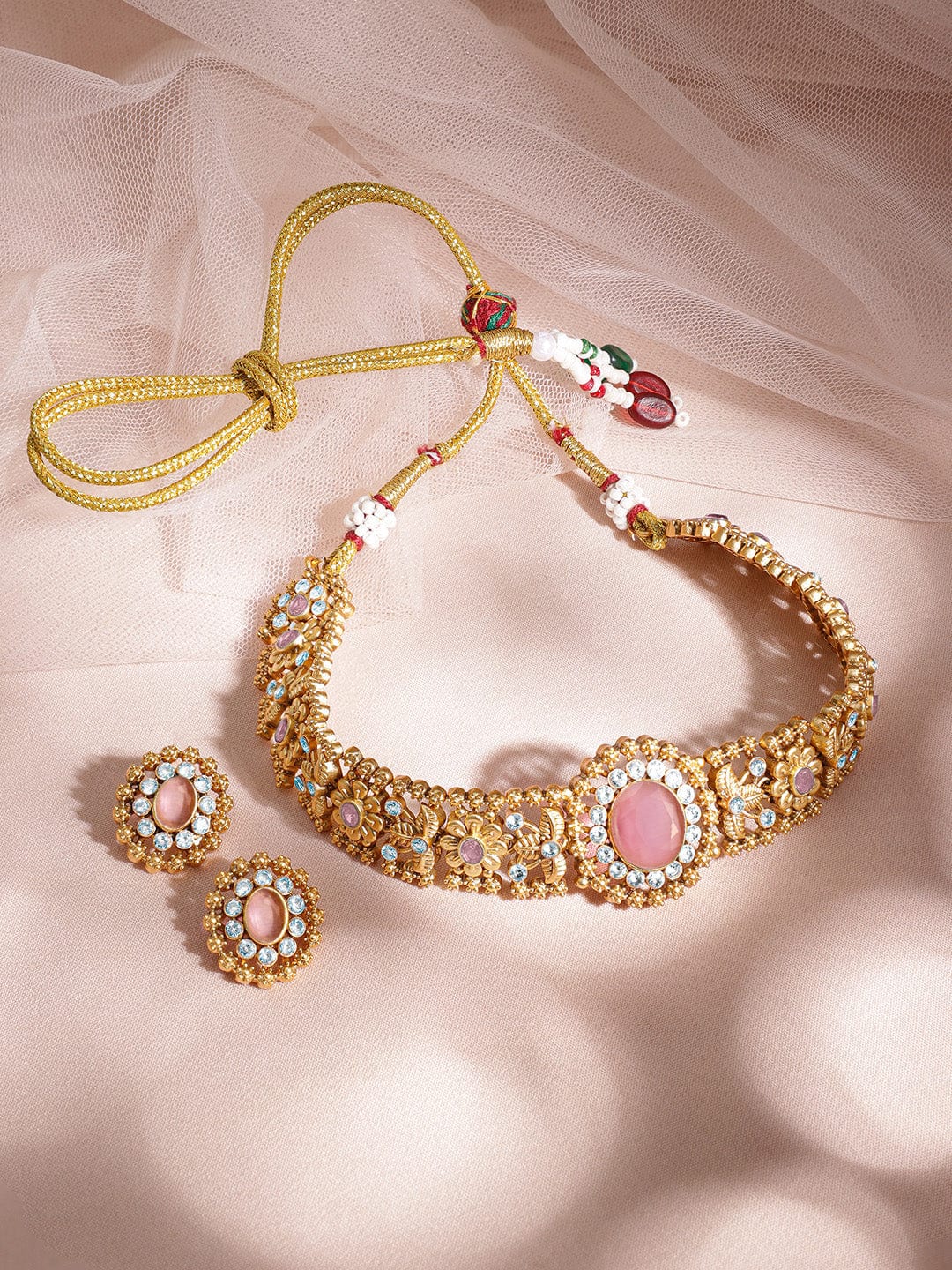 Rubans 24K Gold Plated Handcrafted Pastel Pink & White Cubic Zirconia Studded Choker Set Jewellery Set