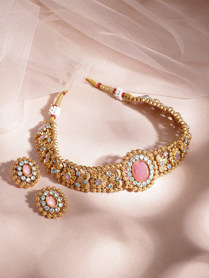 Rubans 24K Gold Plated Handcrafted Pastel Pink & White Cubic Zirconia Studded Choker Set Jewellery Set