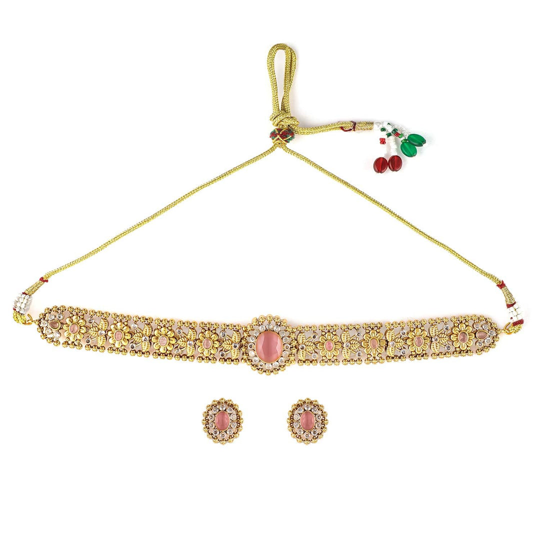 Rubans 24K Gold Plated Handcrafted Pastel Pink & White Cubic Zirconia Studded Choker Set Jewellery Set