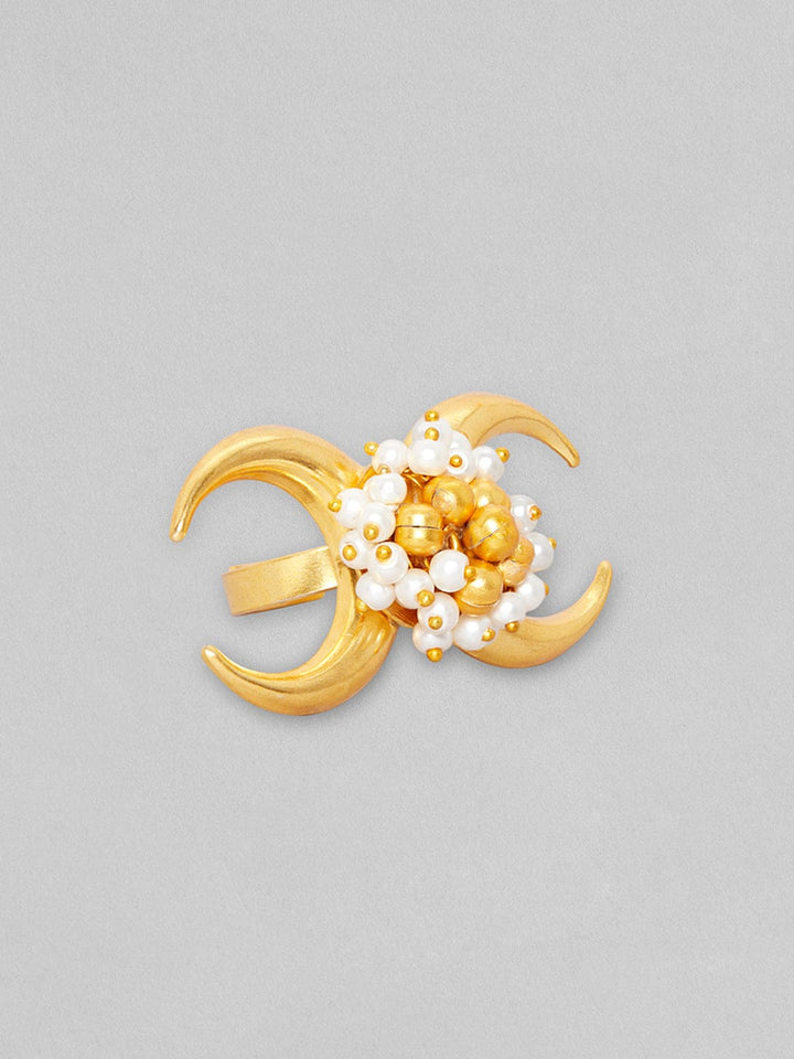 Rubans 24K Gold Plated Handcrafted Ring With Pearls, Golden Beads And Moon Design Rings