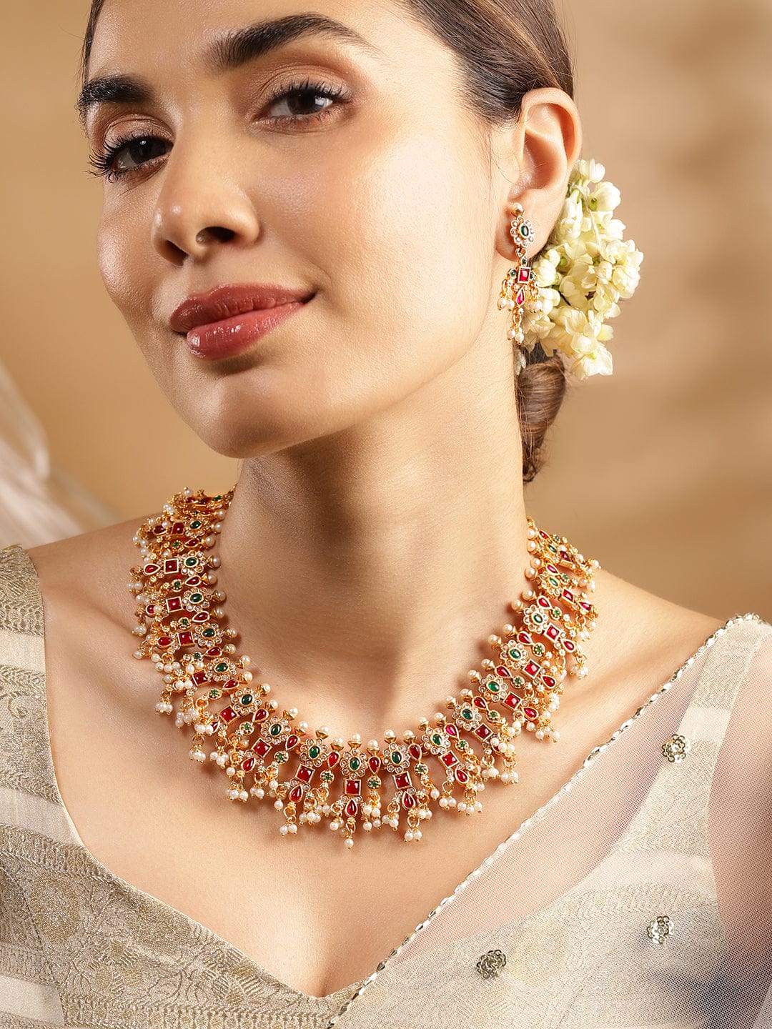 Rubans 24K Gold Plated Handcrafted Ruby & Emerald Studded & Pearl Beaded Jewellery Set Necklace Set