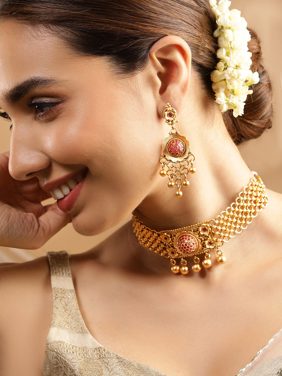 Rubans 24K Gold Plated Handcrafted Ruby Stone Studded & Gold Beaded Traditional Choker Set Choker set