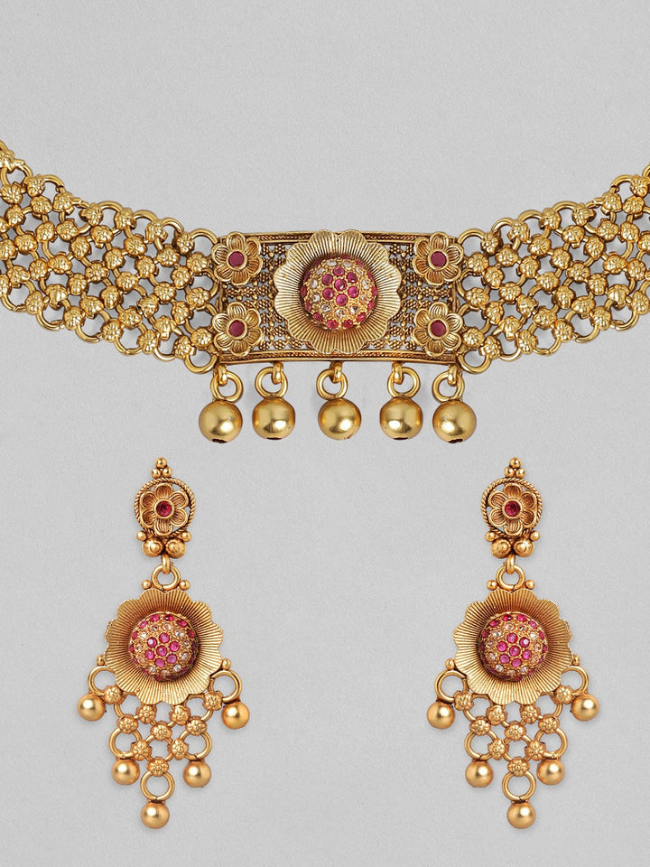 Rubans 24K Gold Plated Handcrafted Ruby Stone Temple Choker Set Necklace Set