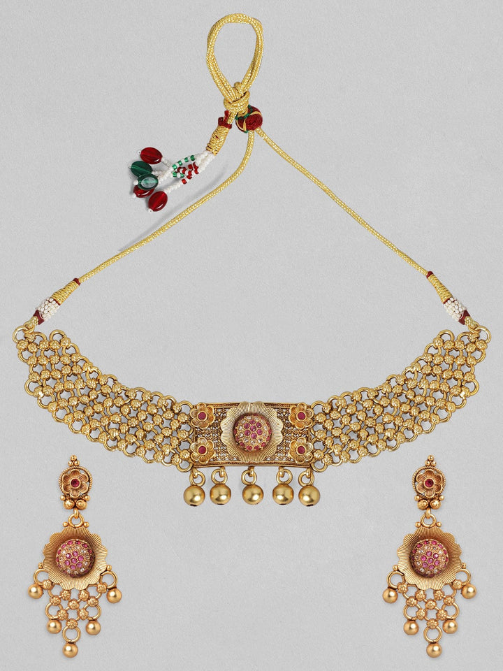 Rubans 24K Gold Plated Handcrafted Ruby Stone Temple Choker Set Necklace Set