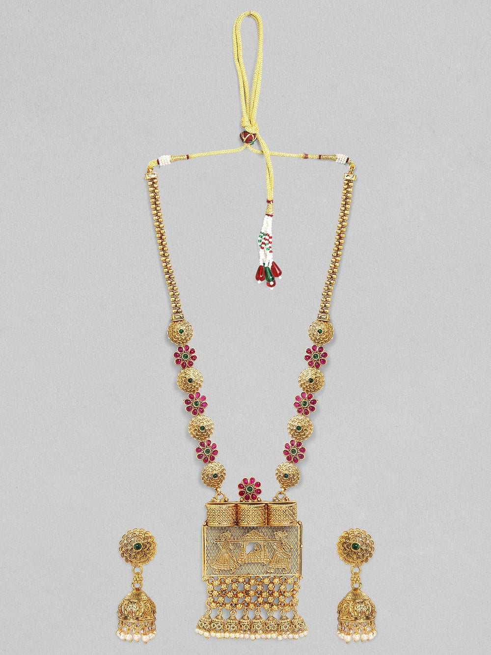 Rubans 24K Gold Plated Handcrafted Ruby Stone Temple Necklace Set Necklace Set