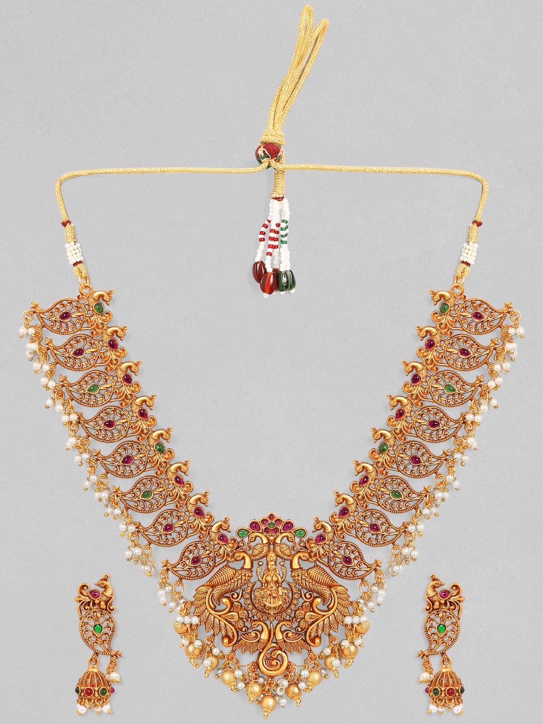 Rubans 24K Gold Plated Handcrafted Ruby Stone with Peacock Shape Devine Lakshmi Necklace Set Necklace Set