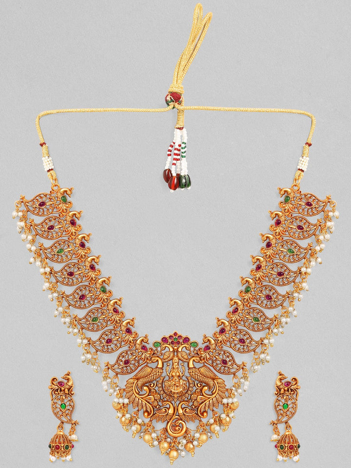 Rubans 24K Gold Plated Handcrafted Ruby Stone with Peacock Shape Devine Lakshmi Necklace Set Necklace Set