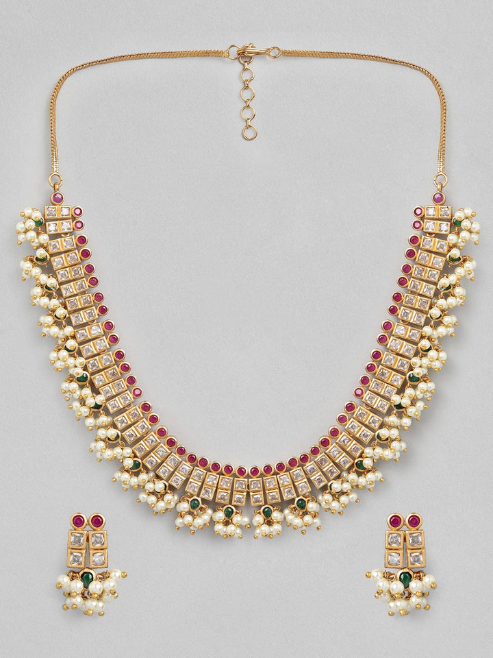 Rubans 24K Gold Plated Handcrafted Ruby Stone with Pearls Necklace Set Necklace Set